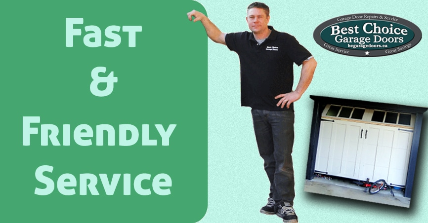 Fast and friendly garage door service banner with owner posing