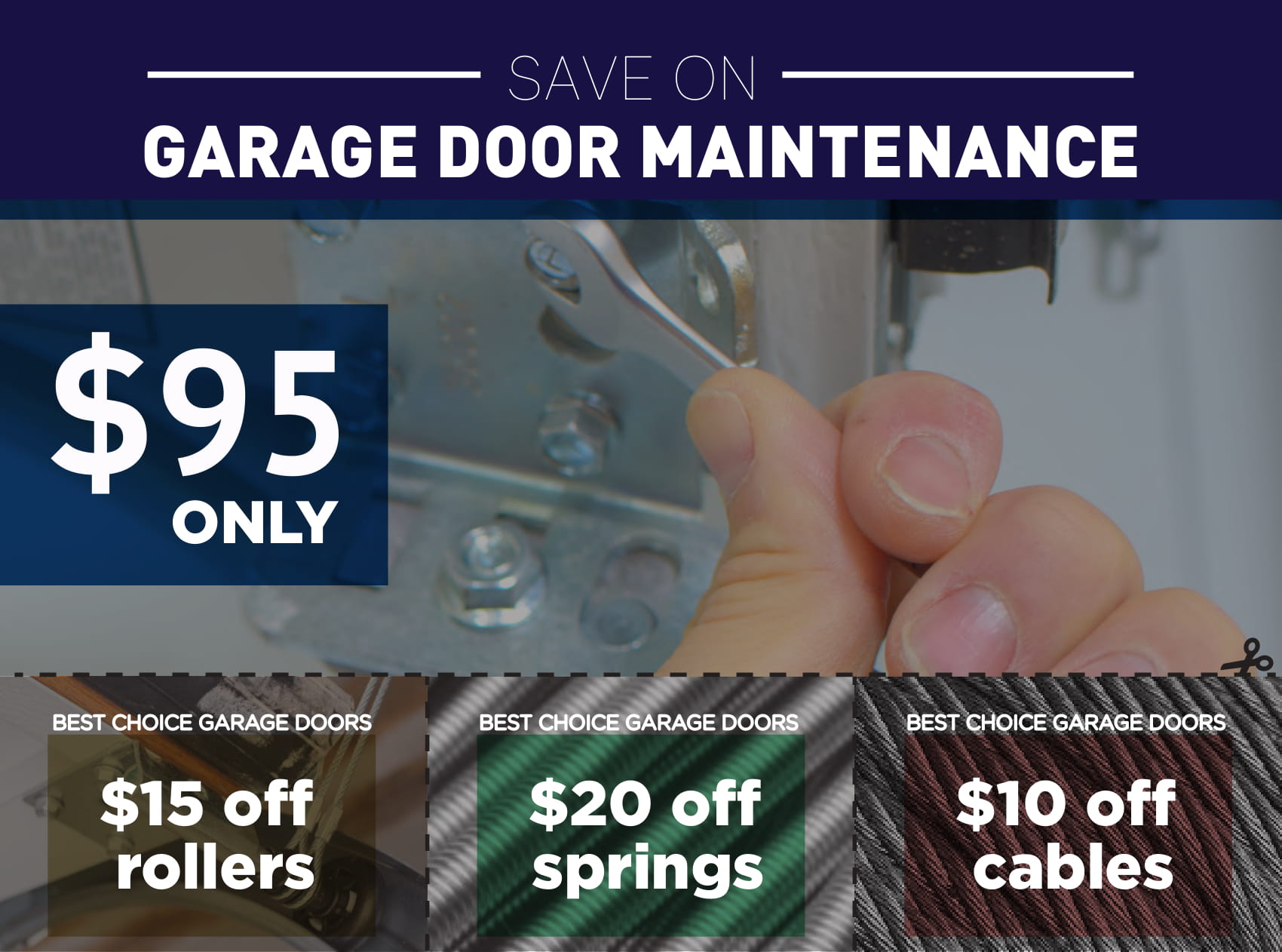 Discount offerings on garage door maintenance for rollers, springs, and cables